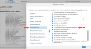 Screenshot of SuccessFactors showing how to Grant permissions to recruiting users to set up Outlook Integration.